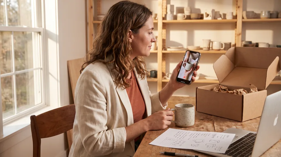 Brand manager reviewing a delivered UGC unboxing video on a phone next to the product