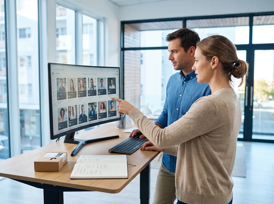 Two marketers reviewing creator applications and campaign costs on a large monitor