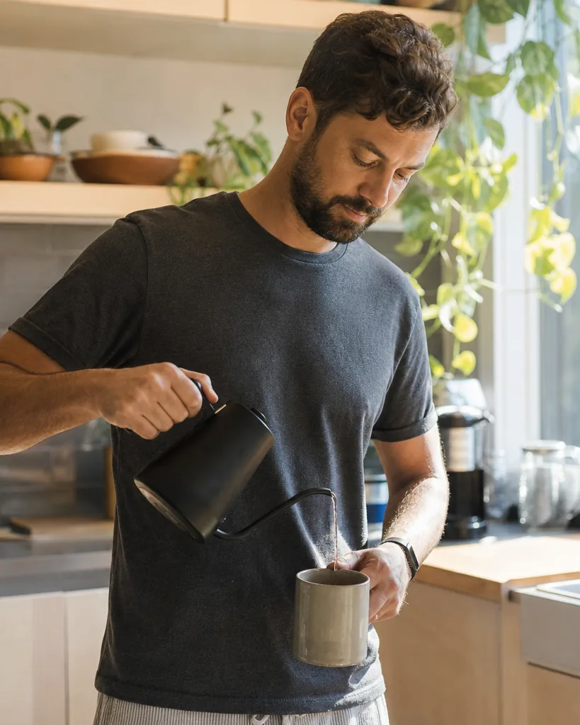 Adult man filming his morning coffee routine in a sunny kitchen