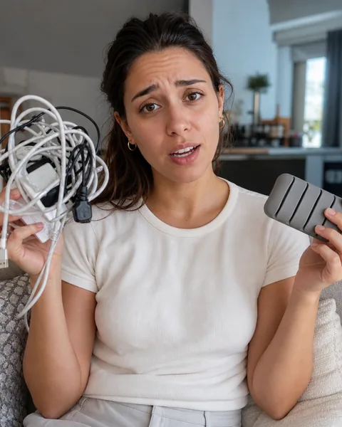 Adult woman holding a tangle of cables next to a simple cable organizer