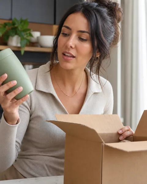 Adult woman opening a plain cardboard box with a ceramic tumbler inside, filmed on her phone