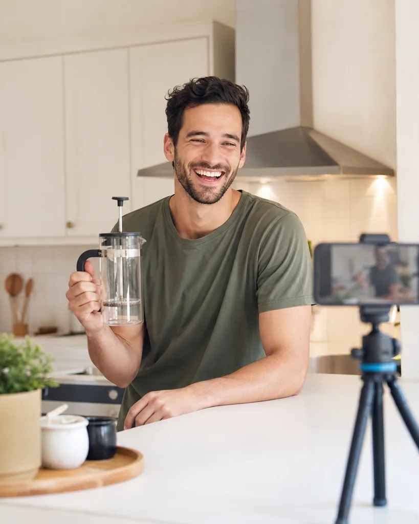 Adult creator recording a second take of a product video on a tripod phone