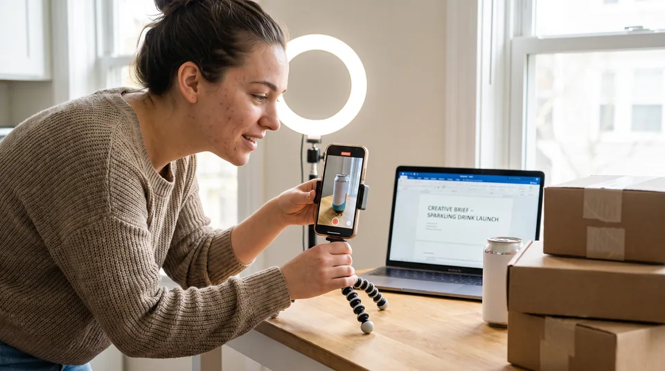 UGC creator filming a product video for a brand brief at home