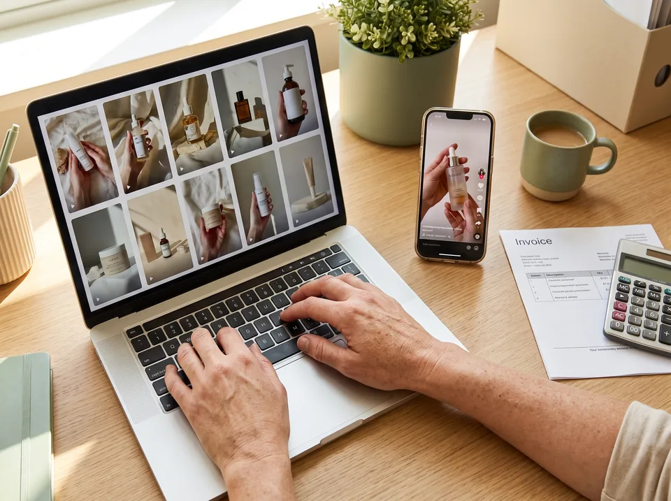 Brand marketer comparing UGC video costs on a laptop with a calculator